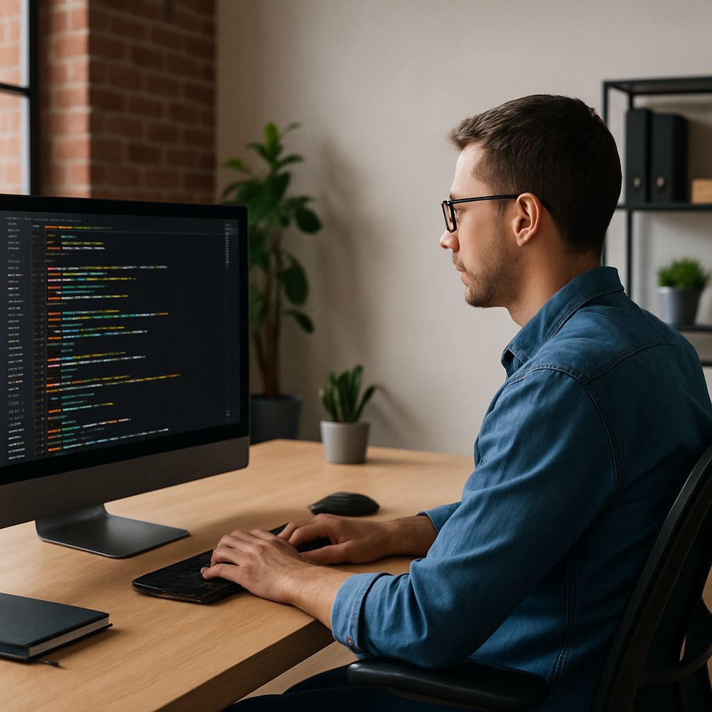 a web developer working on his computer and looking at the screen that shows codes and get a wide view to his office and the photo to be horizontal th-1