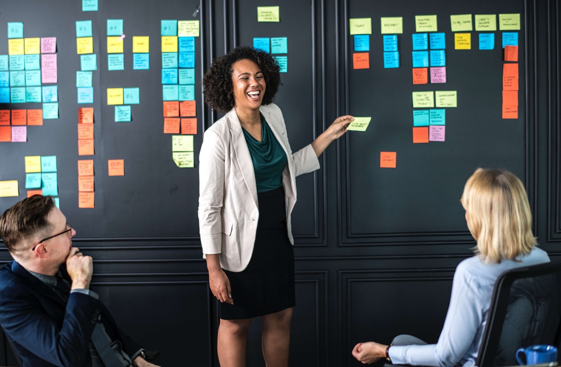 Femmes debout devant un mur avec des post-it