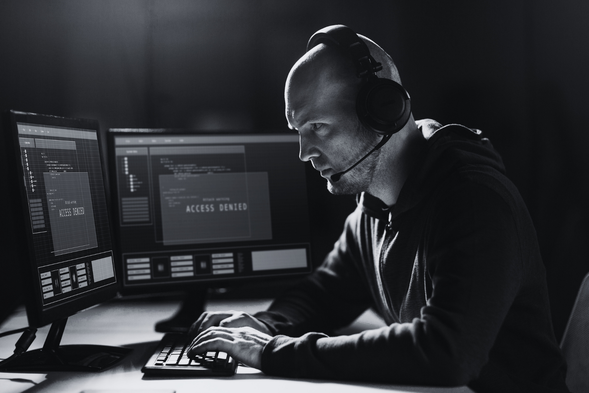 IT specialist with headset working on monitors showing